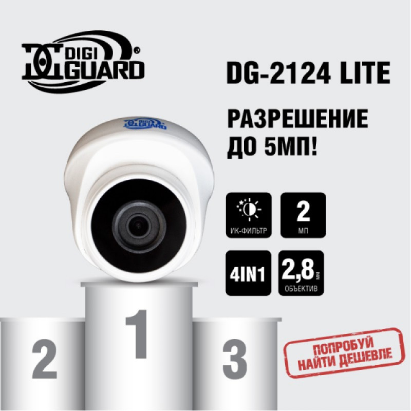 DigiGuard DG-2124P Lite (2.8 mm). 2.1 MP AHD/CVI/TVI/CVBS Dome Camera (Plastic)