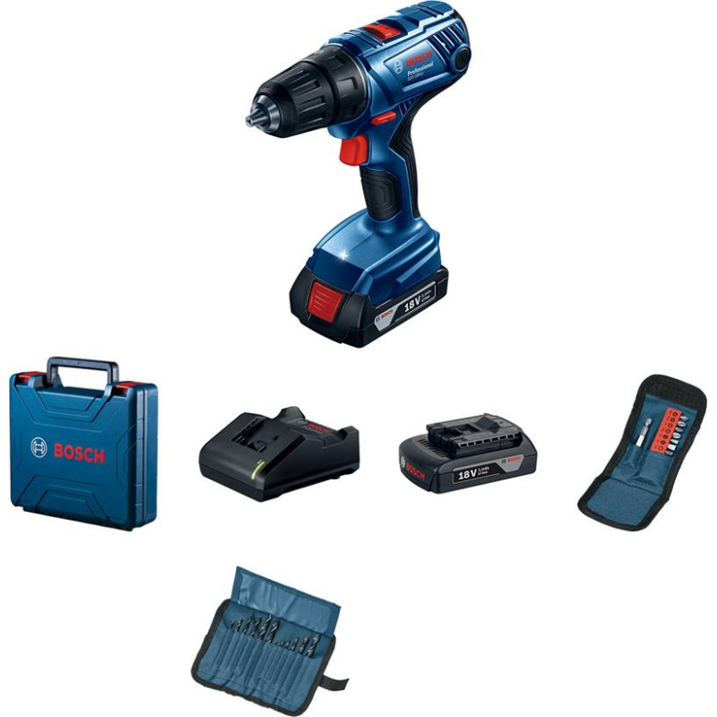 Bosch Professional GSR 180-LI Cordless Drill/Driver 18V 2x2Ah 21-54Nm 450-1900rpm GAL 18V-20 Charger Case 1.6kg