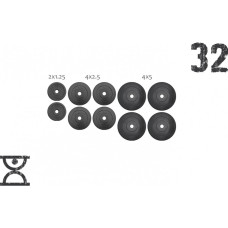 32 кг (4x5, 4х2.5, 2x1.25) дисков, покрытых пластиком (31 мм)