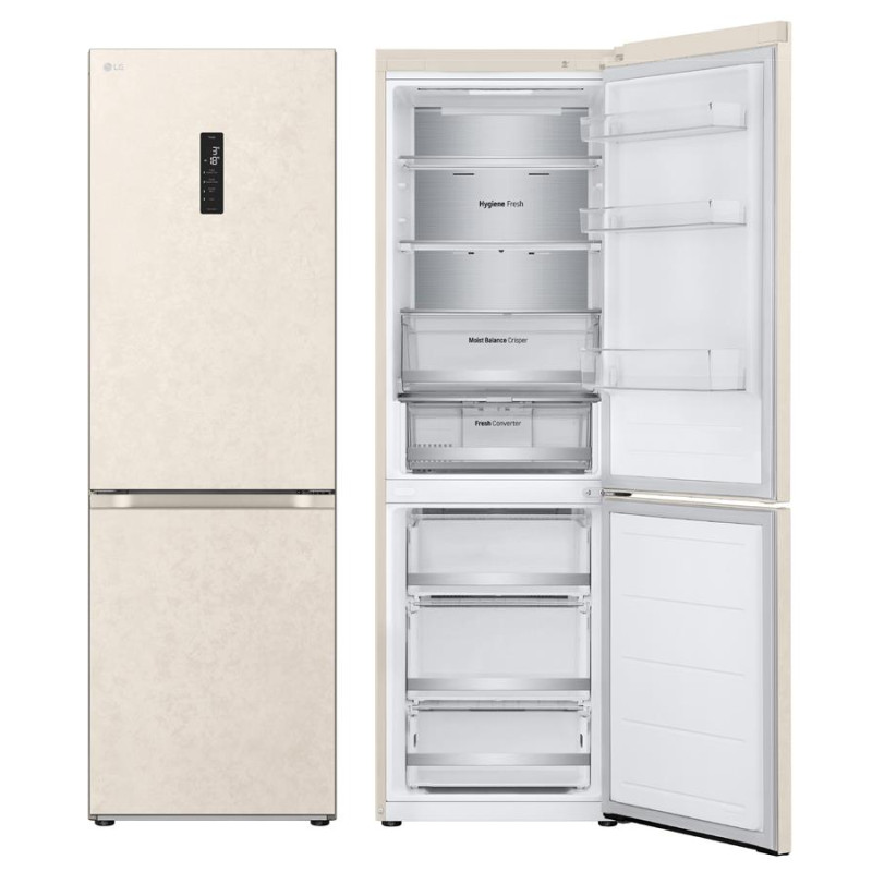 LG refrigerator with bottom freezer, 186x60x68, fridge-234L, freezer-110L, 2-door, E, NF, inv., ext. display, Fresh Converter, Metal Fresh, beige