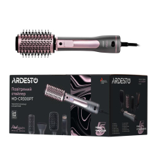 Фен-щетка ARDESTO Brush Pink Touch, 1200Вт, 2 скорости, 2 темп. режимы, LED-дисплей, функция ионизации, 4 насадки, серый+розовый