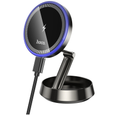 Автотримач для телефона з БЗП HOCO HW33 Metal ring magnetic wireless fast charging car holder (center console) Metal Grey