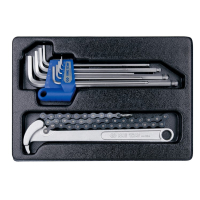 Hex key set, L-shaped, and oil filter wrench, tray, 10 pieces