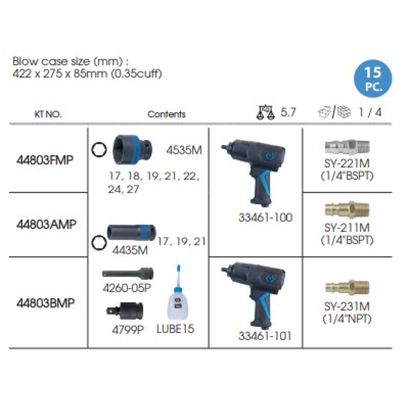 Pneumatic Impact Wrench 1/2" 1356 Nm with Deep Sockets (17-27mm) 15 pcs