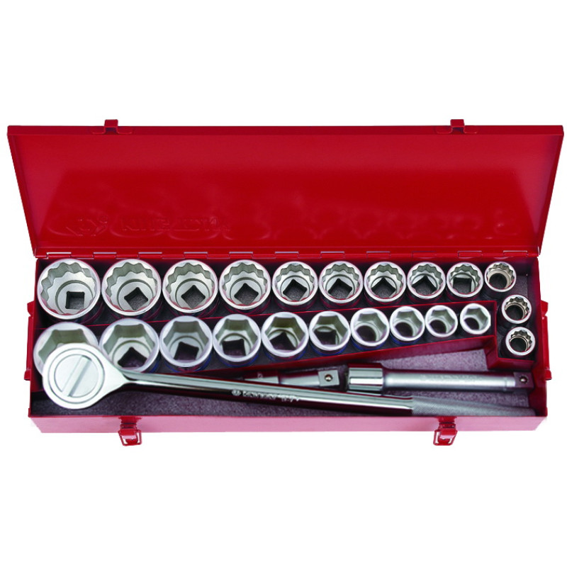 Socket Set 3/4" 25 pcs 22-50 mm 7/8"-2" (6-point, 12-point) with Accessories in Metal Case