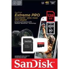 SanDisk microSD 128GB C10 UHS-I U3 R200/W90MB/s Extreme Pro V30 + SD Memory Card