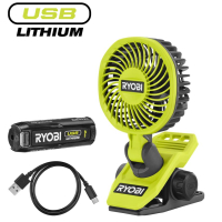 Ryobi USB Lithium RCF4-120G 4V Cordless Clip Fan 1x2Ah battery 3800rpm 325° rotation 180° pivot 2 speeds 0.29kg