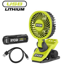 Вентилятор аккумуляторный клипса Ryobi USB Lithium RCF4-120G 4В акб 1х2А·час 3800об/мин вращение 325° поворот 180° 2 скорости 0.29кг