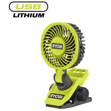 Вентилятор аккумуляторный клипса Ryobi USB Lithium RCF4-0 4В 3800об/мин вращение 325° поворот 180° 2 скорости 0.29кг без АКБ и ЗП